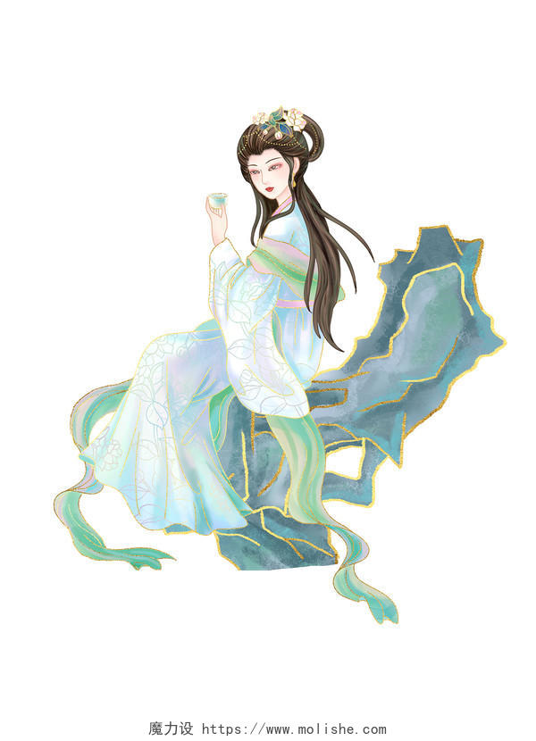 绿色手绘国潮古风中国风古装汉服美女人物岩石元素PNG素材